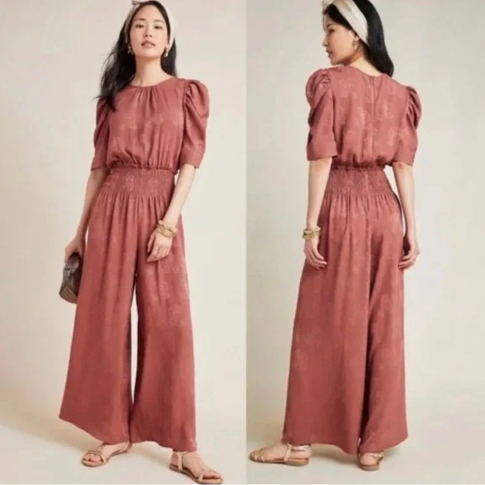 Anthropologie Current Air Silky Jumpsuit, Brocade Flower Pattern Rose S